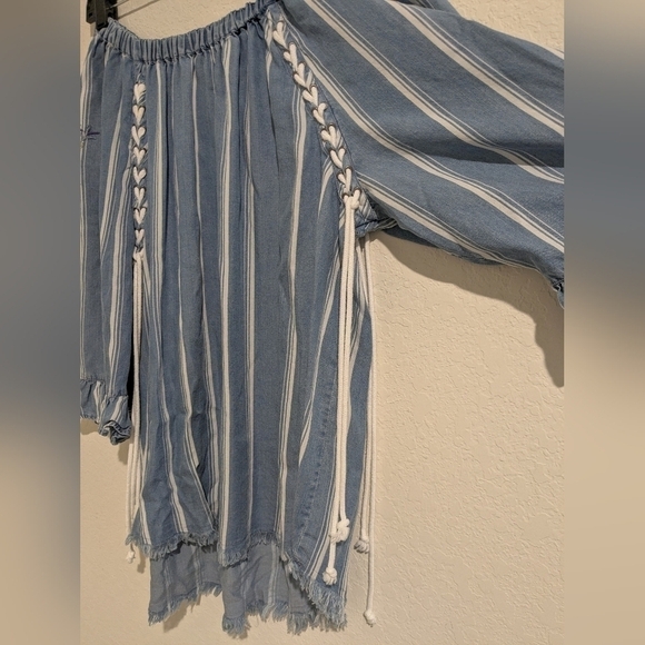 Ali Miles Blue Stripe Floral Embroidered Tie Detail 100% Tencel Tunic Bohemian - Picture 5 of 10